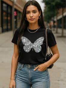 Basic Short-Sleeved T-Shirt With Butterfly Graphic Print And Glitter, Women's Casual, Creative, Cute Style For Spring, Summer, Autumn, Winter, 100% Cotton - 黑色 - 查看 6