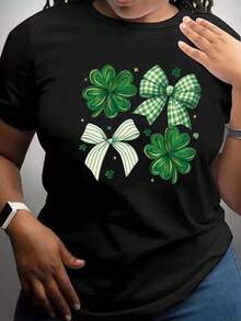 Playera con diseño de moños y trébol con color verde, estampado, San Patricio, moderno, colorido, playera cuello redondo, manga corta, ideal para todos los días, llamativa, holgada, a la moda, ideal para tí y celebraciones. 100% algodón, estilo Y2K Bababask - Negro - Ver 6