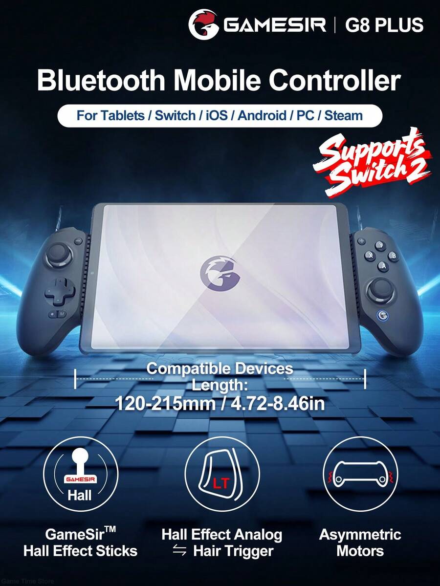 GameSir G8 Plus 平板電腦手機遊戲控制器 PC 遊戲手把，相容 2/1、Android、iOS 手機，相容裝置長度 120-215mm，霍爾效應搖桿與類比扳機、6 軸陀螺儀、非對稱馬達