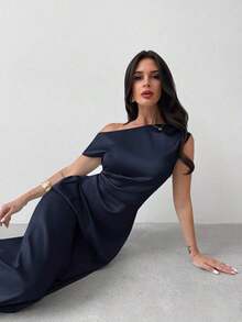 Vestido elegante asimétrico de hombro con pliegues y bajo de cola de sirena en color verde, adecuado para citas, vacaciones, bodas, eventos, regreso a la escuela, graduación, vestido de dama de honor formal, vestidos elegantes para mujer - Azul marino - Ver 6