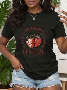 Casual Strawberry Print T-Shirt, Colorful Fruit T-Shirt, Fun Strawberry T-Shirt For Summer And Halloween, Cute Berry T-Shirt, Ideal Gifts For Grandma, Mother And Friends, 100% Cotton, Durable - 黑色 - 查看 1