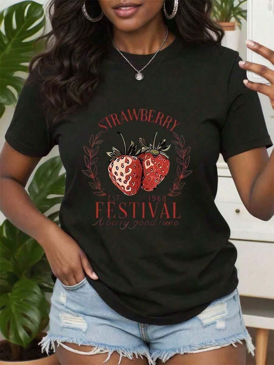 Casual Strawberry Print T-Shirt, Colorful Fruit T-Shirt, Fun Strawberry T-Shirt For Summer And Halloween, Cute Berry T-Shirt, Ideal Gifts For Grandma, Mother And Friends, 100% Cotton, Durable - 黑色 - 查看 1