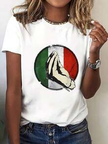 Women's Casual Crew Neck T-Shirt With Mexican Print, Short Sleeves, Featuring The National Flag, Sporty Style, Urban Fashion. Ideal For Gifting. Women's T-Shirt. Elegant. Bohemian Style. Soft, Breathable, And Comfortable Garment, Perfect For Spring, Summer, And Fall; Ideal For Vacations, Travel, And Everyday Wear. Perfect For Watching A Game. - 白色的 - 查看 2