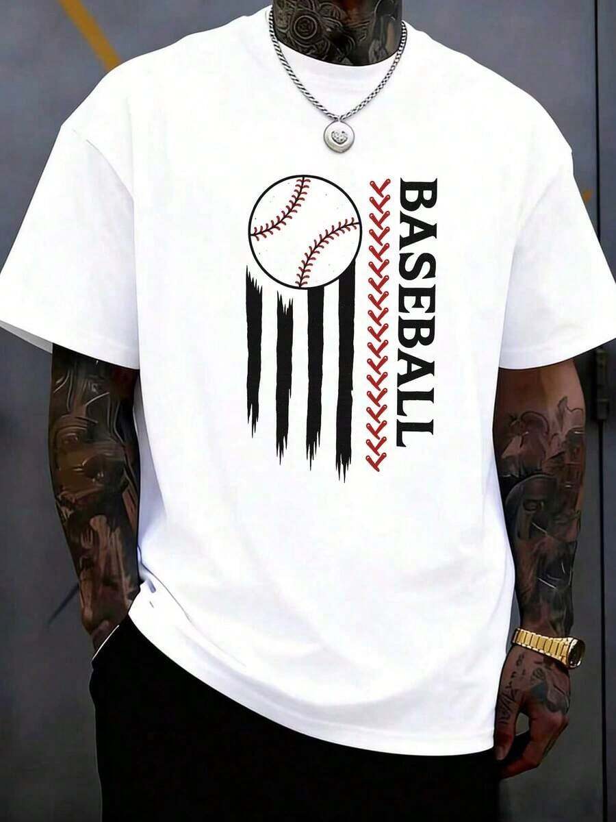 Men's Baseball Shirt With A Red And White Baseball Bat Print Inspired By The Stripes Of The National Flag - Casual Short-Sleeved Summer Shirt, Suitable For Fans, As A Team Uniform, And For Everyday Wear - Machine-Washable Crew Neck Baseball Shirt. New Loose-Fitting And Versatile Shirt. Great For Gifting. Women's T-Shirt. Stylish. Bohemian Style. Soft, Breathable, And Comfortable Garment, Perfect For Spring, Summer, And Fall; Ideal For Vacations, Travel, And Everyday Wear. Perfect For Watching A Game. - 白色的 - 查看 1