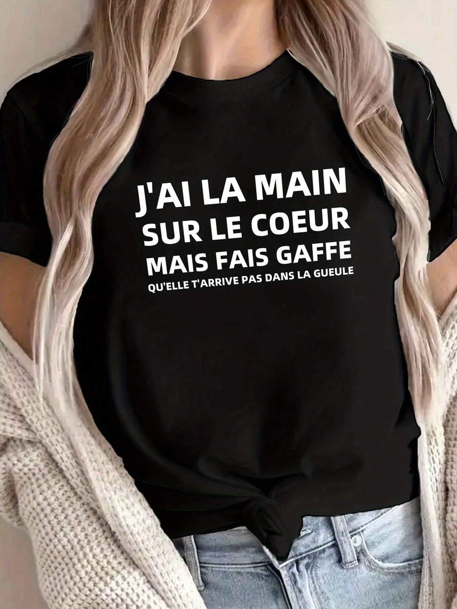 Camiseta de Mujer con Estampado de Mano sobre Corazón - Top de Manga Corta y Cuello Redondo con Corazón y Mano, Blusa Casual de Elasticidad Media para Primavera-Verano, Lavable a Máquina - Negro - Ver 1