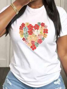 Women's T-Shirt With A Hawaiian Floral Heart Design For Valentine's Day, Mother's Day, New Year's Day, Short Sleeve, Round Neck, Casual Style, With Medium Elasticity Fabric, Suitable For Spring, Summer And Autumn, Machine Washable, Fun Design. - 白色 - 查看 7