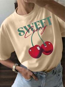 YOCASA Limited Edition Women's Casual Summer T-Shirt, Crew Neck, Fitted, Short Sleeve, With Oil Painting Print, Floral, Heart, Cherry, And Letter Motifs. Simple And Casual Fabric, Sporty Style, Perfect For Everyday Wear And A Valentine's Day Date. Lightweight Cotton. - 杏色 - 查看 1