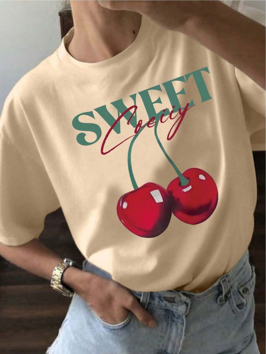 YOCASA Limited Edition Women's Casual Summer T-Shirt, Crew Neck, Fitted, Short Sleeve, With Oil Painting Print, Floral, Heart, Cherry, And Letter Motifs. Simple And Casual Fabric, Sporty Style, Perfect For Everyday Wear And A Valentine's Day Date. Lightweight Cotton. - 杏色 - 查看 1