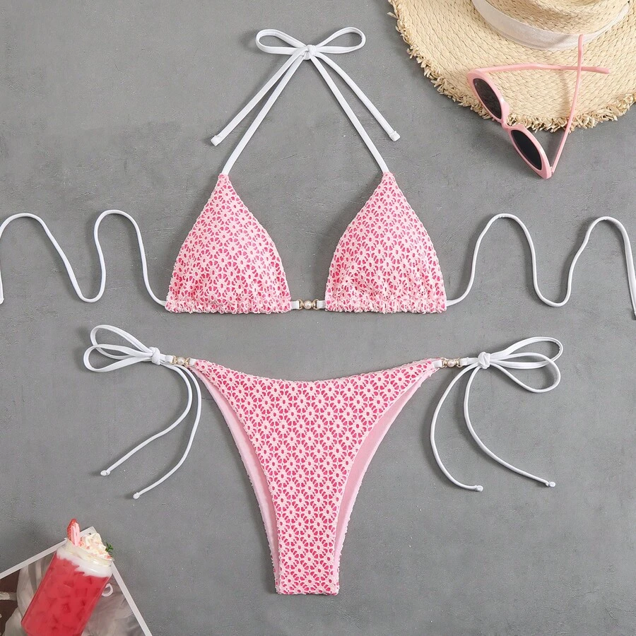 Traje de baño de dos piezas, bikini sexy, bikini con cuello halter y lazo, ropa de baño para mujer. - Rojo - Ver 1
