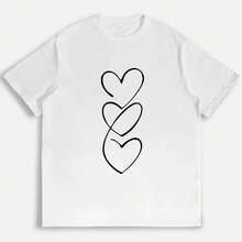 Heart Design T-Shirt, Minimalist And Romantic Style, Cute Valentine's Day T-Shirt, Casual Everyday Wear For Women - 白色 - 查看 1
