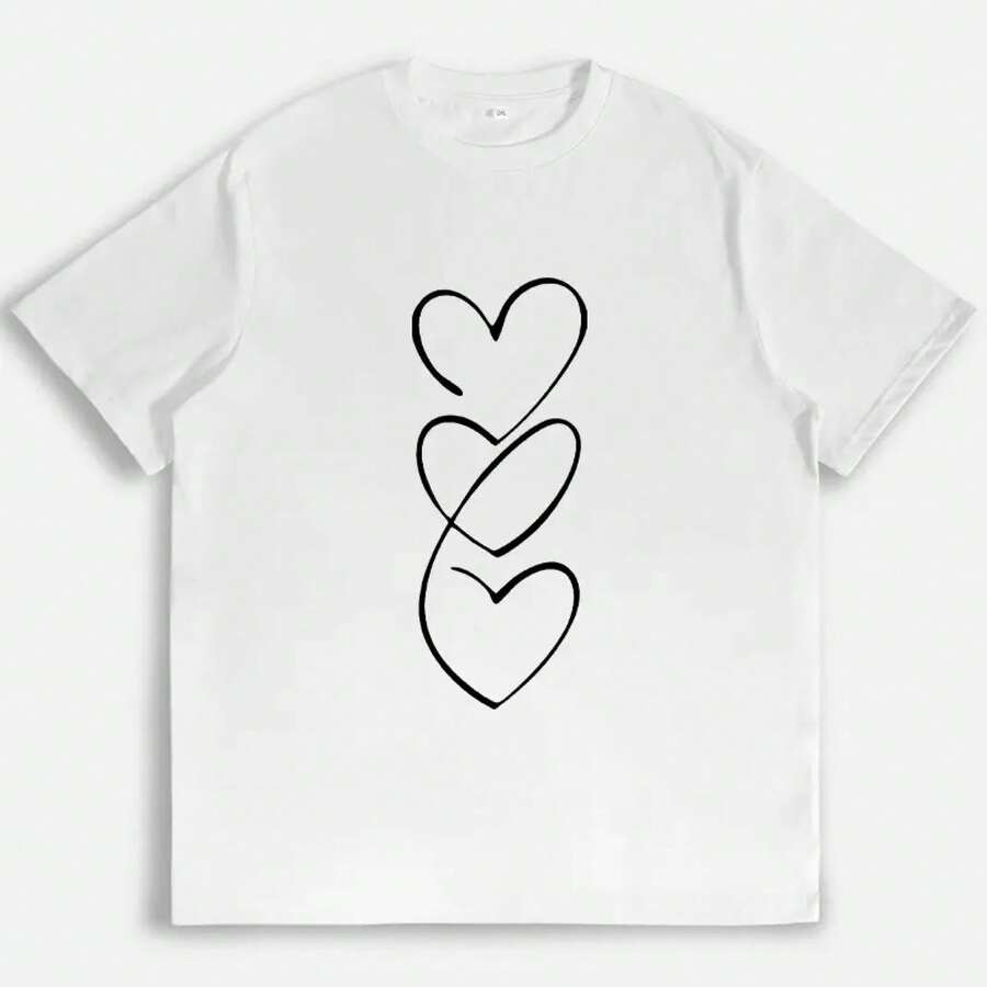 Heart Design T-Shirt, Minimalist And Romantic Style, Cute Valentine's Day T-Shirt, Casual Everyday Wear For Women - 白色 - 查看 1
