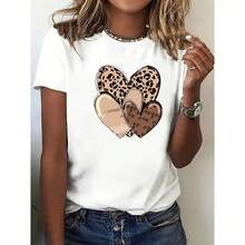 Camiseta de algodón de manga corta para mujer con estampado de corazón de leopardo, linda, casual, de verano, suave, ligera, para uso diario y ropa de calle. - Blanco - Ver 5