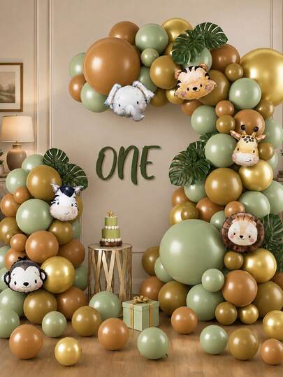 127 piezas Conjunto de guirnalda de globos verde aguacate, globos de aluminio con diseños de animales de la jungla, adecuado para decoraciones de fiesta de cumpleaños con tema "Salvaje", decoraciones de fiesta de verano, decoraciones de fiesta en casa