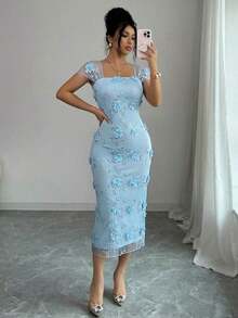 Vestido midi de mujer con cintura fruncida, elegante y romántico, con bordado de malla, adecuado para la temporada de bodas, fiestas, citas y salidas casuales en primavera/verano - Azul - Ver 3