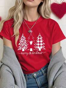 Camiseta de manga corta con cuello redondo y gráfico de Dachshund con diseño de estrellas para mujer - Rojo - Ver 8