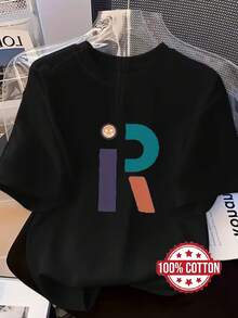 Women's T-Shirt, Modern Style, Short Sleeves With A Printed "R",  Printed T-Shirt, Round Neck, Short Sleeves, Breathable And Sweat-Wicking, Comfortable And Casual Loungewear. Looks Like A Winner. - 黑色 - 查看 9