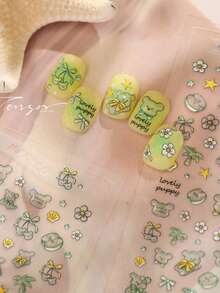 5D Embossed Puppy Nail Stickers, Nail Artist Essential Spring/Summer Sticker, Self-Adhesive Rainbow Bow Floral Nail Art Decor, 1 Sheet - Green - View 8