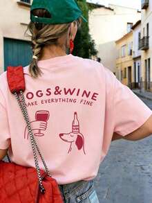 Camiseta de manga corta con cuello redondo, estampado de cachorro de dibujos animados y vino tinto.Nueva camiseta de mujer minimalista con diseño lindo, de ajuste holgado para uso casual y vacaciones.Prenda de vestir diaria y casual adecuada para días festivos como el Día de San Valentín, el regreso a clases, el Día del Maestro.Camiseta de manga corta holgada y cómoda, de alta calidad, para uso casual y versátil en verano. - Rosa - Ver 1