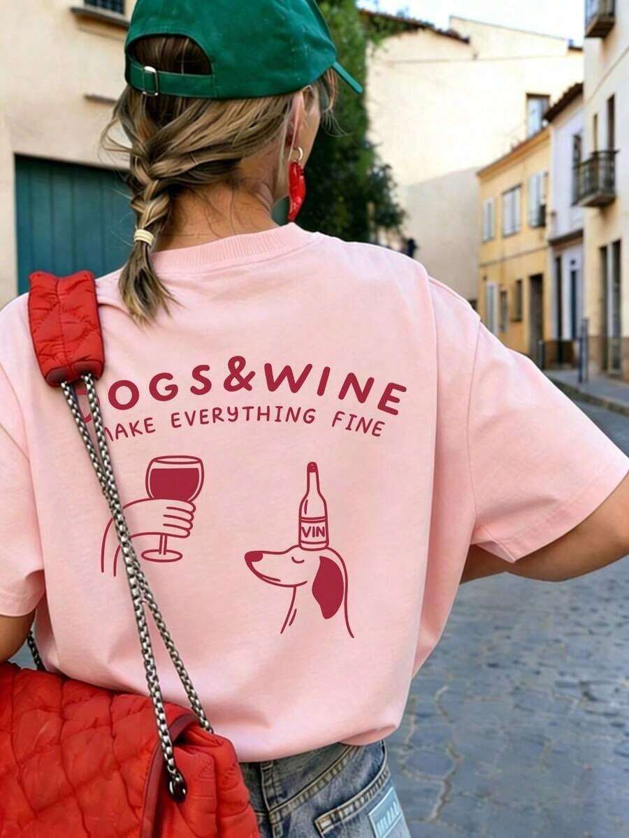 Camiseta de manga corta con cuello redondo, estampado de cachorro de dibujos animados y vino tinto.Nueva camiseta de mujer minimalista con diseño lindo, de ajuste holgado para uso casual y vacaciones.Prenda de vestir diaria y casual adecuada para días festivos como el Día de San Valentín, el regreso a clases, el Día del Maestro.Camiseta de manga corta holgada y cómoda, de alta calidad, para uso casual y versátil en verano. - Rosa - Ver 1
