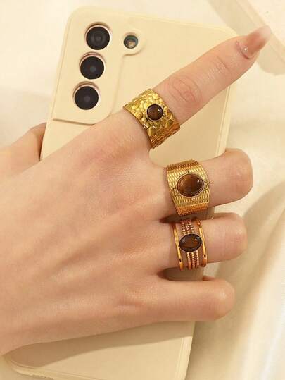 3pcs Stainless Steel Gold-Tone Oval Tiger Eye Stone Adjustable Ring Set, Suitable For Women's Daily Decoration Or Gift