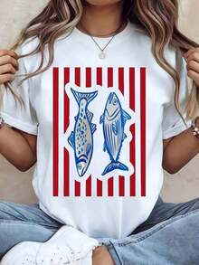 Casual Stripe & Fish Print Casual Crew Neck Short Sleeve T-Shirt, Versatile For Summer.Summer Outfits For Women,Vacation Outfits Women,Summer Topsconj-Store10038388-00123 - Blanco - Ver 2