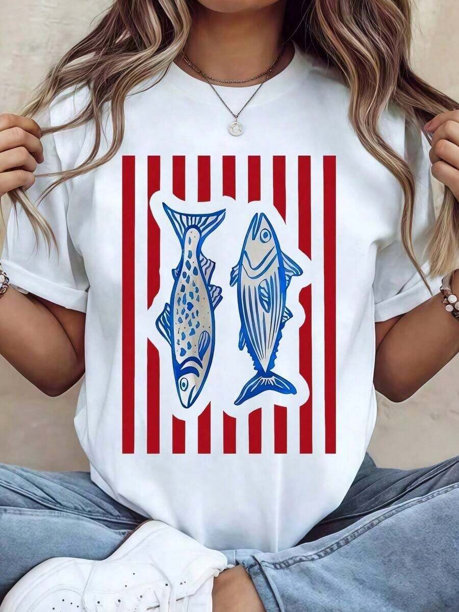 Casual Stripe & Fish Print Casual Crew Neck Short Sleeve T-Shirt, Versatile For Summer.Summer Outfits For Women,Vacation Outfits Women,Summer Topsconj-Store10038388-00123