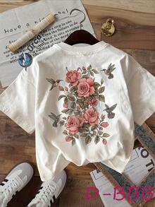 Women's Outfits 2026 Pure Cotton Short-Sleeved Round Neck T-Shirt, Double-Sided Printed With Vintage Floral Design Of Roses And Hummingbirds, Cool Style Women's T-Shirts - 白色 - 查看 3