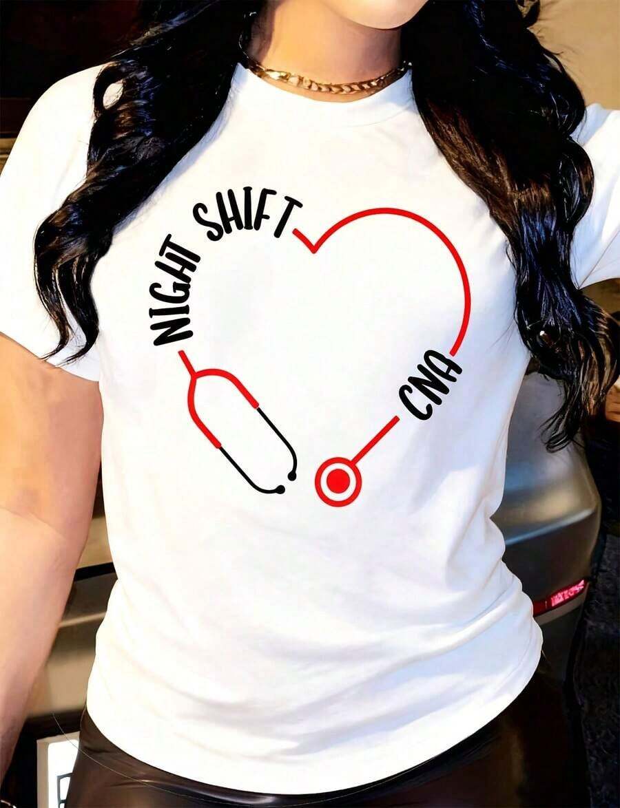 Camiseta Casual para Mujer, para Trabajadores de Turno Nocturno, Enfermeras, Asistentes de Enfermería, Cuello Redondo, Manga Corta, Cómoda para Uso Diario, Playeras de Mujer - Blanco - Ver 1