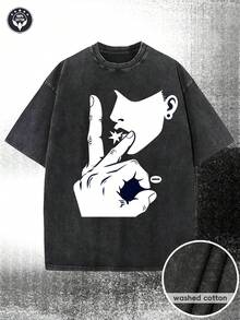 1 pieza de camiseta de lavandería de 230 g, con un llamativo retrato en blanco y negro y un patrón dibujado a mano, con ícono de estrella, camiseta de cuello redondo con patrón de alto contraste - adecuada para actividades casuales y uso diario a la moda, 100% algodón de 180 g. - Negro - Ver 1