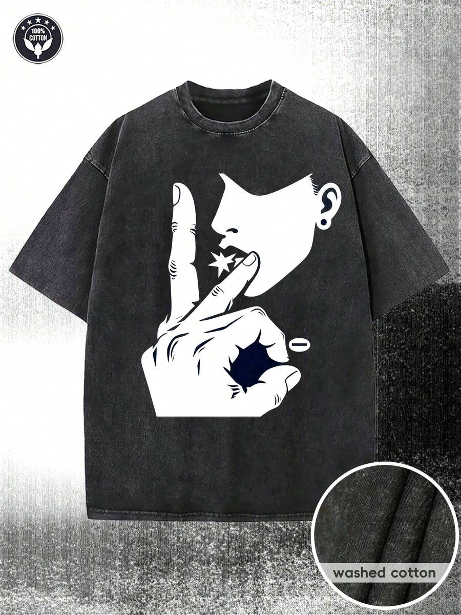 1 pieza de camiseta de lavandería de 230 g, con un llamativo retrato en blanco y negro y un patrón dibujado a mano, con ícono de estrella, camiseta de cuello redondo con patrón de alto contraste - adecuada para actividades casuales y uso diario a la moda, 100% algodón de 180 g. - Negro - Ver 1