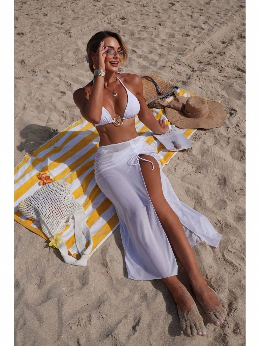 Nuevo Traje de Baño Bikini de Tres Piezas, Sexy y a la Moda, con Falda de Malla Protectora Solar de Color Sólido para Playa, 2026 - Juego de tres piezas blanco 9364 - Ver 1