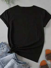 Women's Casual Cotton T-Shirt With Jesus Print, Short Sleeve, Religious Print, Loose Fit, Round Neck, Comfortable Cotton Top For Daily Wear, Colorful Jesus Letter Print, Religious Clothing, Soft Cotton Fabric, Breathable Casual T-Shirt. - 黑色 - 查看 3