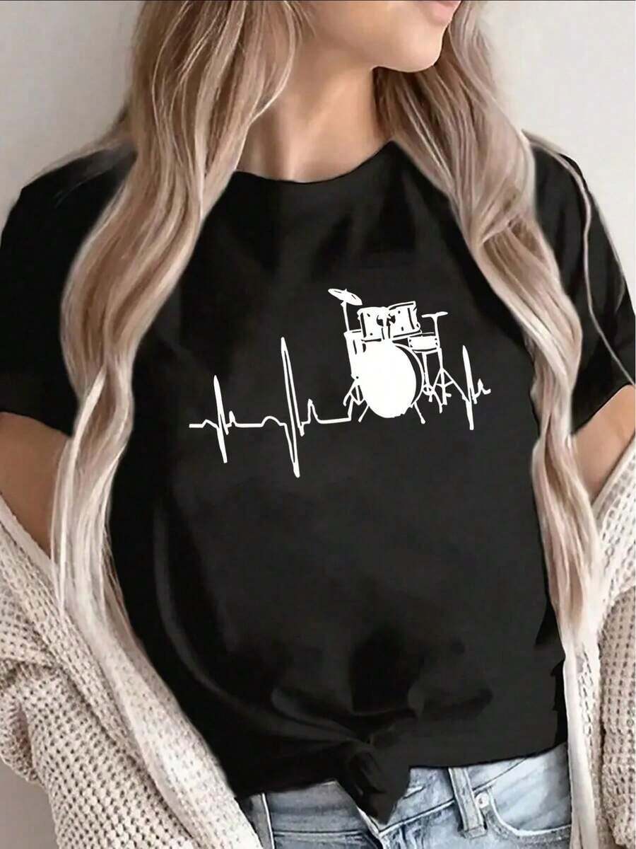 Loose-Fitting Summer T-Shirt, Gift For Mom, Short-Sleeve T-Shirt With Heartbeat Design, Lightweight And Suitable For Casual Wear, An Ideal Choice For Music Lovers At Home, Restaurants, Or Outdoor Occasions. New Summer Arrivals: Women's Basic Cotton Crew Neck T-Shirt - 黑色 - 查看 1