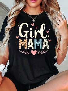 Camiseta de mujer "MAMA" con estampado de corazón, perfecta para reuniones familiares del Día de la Madre, con un estilo dulce y único con mangas cortas, ideal para salidas informales. - Negro - Ver 6