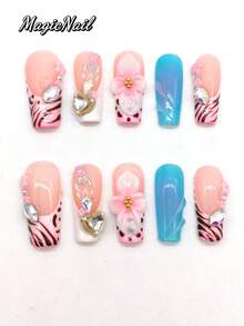 Un conjunto de 10 piezas de uñas de uso puro prensadas a mano, uñas rosas, uñas azules, uñas blancas, líneas pintadas a mano de color café, lunares, flores blancas en relieve tridimensional, decoración de bolas doradas rosa desvanecidas, mariposa tridimensional y pequeña flor 3D, decoración de rhinestone. Pieza de uña linda, adecuada para actividades diarias de ocio, vacaciones, banquetes, fiestas y otros eventos. - Multicolor - Ver 1