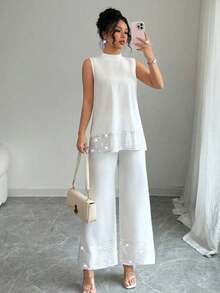 Set de 2 piezas para mujer: Top de cuello alto sin mangas con parches de lentejuelas y pantalones - Blanco - Ver 8