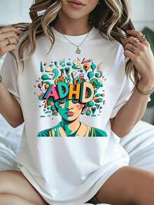 Elegante y casual para mujer, manga corta, camiseta gráfica Adhd para mujer con diseño artístico colorido y texto, ropa casual negra para uso diario en primavera y verano. - Blanco - Ver 8