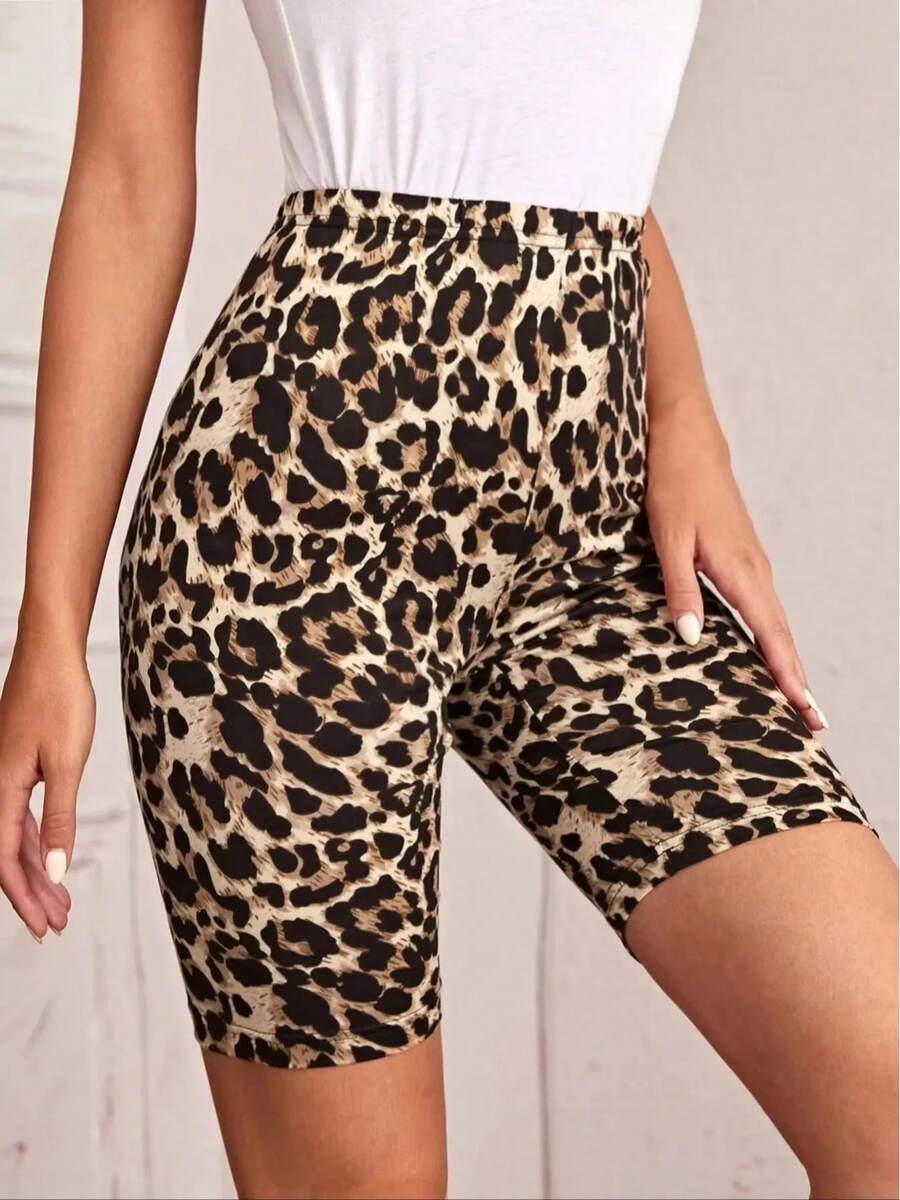 Shorts Deportivos de Cintura Alta con Estampado de Leopardo, Shorts Casuales Elásticos y Suaves para Mujer - leopardo - Ver 1