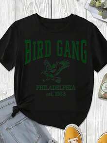 Elegant And Casual Women's Short Sleeve T-Shirt With Bird Gang Philadelphia Est. 1933 Eagle Print, White, Summer Casual Wear. - 黑色 - 查看 3