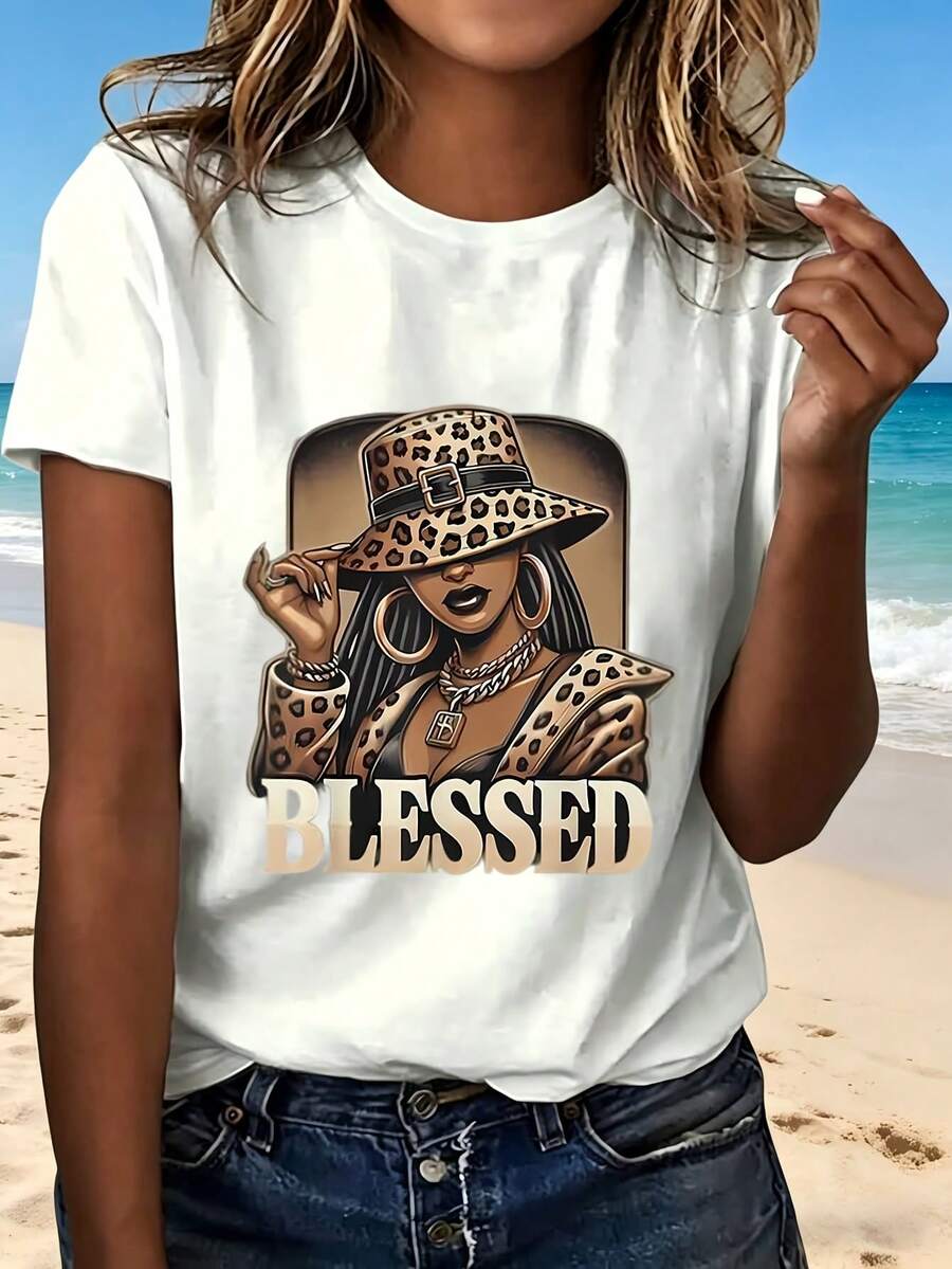 Blessed Leopard Print Woman T Shirt With Fashion Design Trendy Style Casual Wear Perfect Gift For Beach Outing And Everyday Use - Blanco - Ver 1