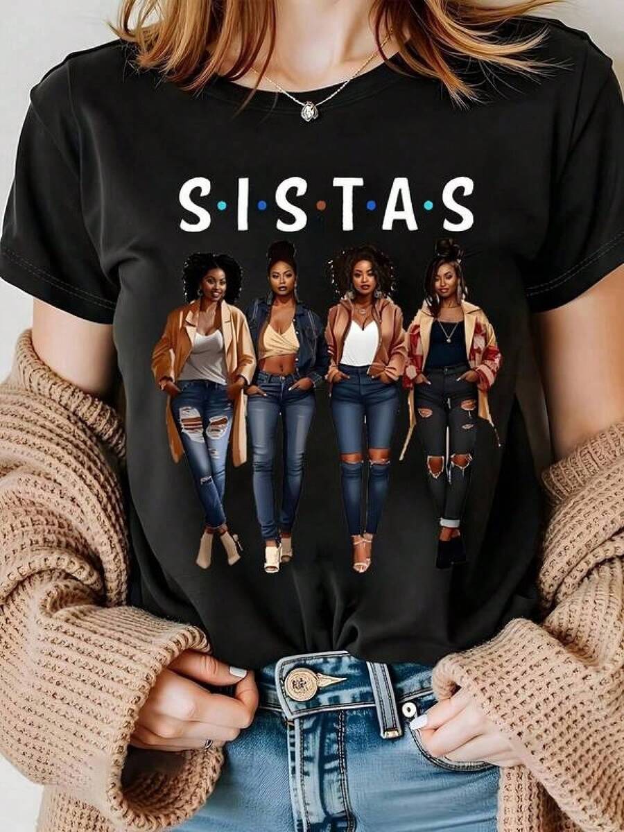 Camiseta unisex de manga corta, camiseta con estampado de hermana, suave, elegante, casual, de manga corta y cuello redondo para mujer, Spiderman, ,  Mujer, Romwe Men, boho chic, regalos para maestros, camiseta de mujer, atuendos curvos para hombre, y2k. - Negro - Ver 1