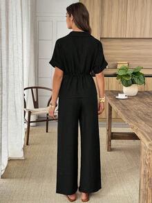 Conjunto de 2 piezas de camisa y pantalones de unicolor con cordón en la cintura, estilo casual de verano - Azul marino - Ver 9