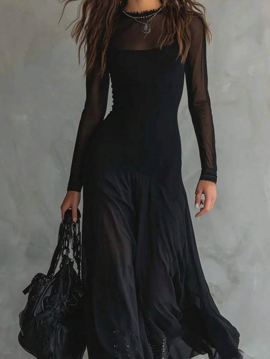 Vestido largo mujer primavera manga larga cintura ajustada elegante sensual estilo europeo moda trendy chic - Negro - Ver 1