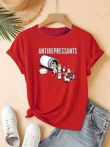 NewSummerCasualBlusas de mujer, blusas de mujer, blusas de mujer, camiseta de manga corta con cuello redondo para mujer, medicamento antidepresivo, estampado de gato y pastilla, top casual de verano, adecuado para uso diario, 100% algodón, 100% algodón, 100% algodón. Camiseta unisex de algodón holgada de manga corta y cuello redondo estilo vintage urbano - Rojo - Ver 1