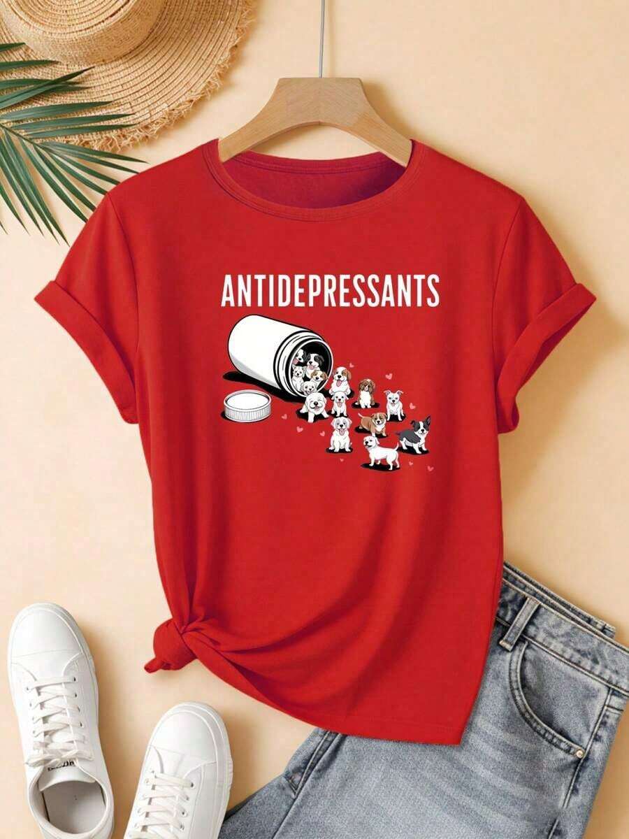 NewSummerCasualBlusas de mujer, blusas de mujer, blusas de mujer, camiseta de manga corta con cuello redondo para mujer, medicamento antidepresivo, estampado de gato y pastilla, top casual de verano, adecuado para uso diario, 100% algodón, 100% algodón, 100% algodón. Camiseta unisex de algodón holgada de manga corta y cuello redondo estilo vintage urbano - Rojo - Ver 1