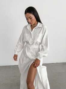 Vestido camisero francés con cuello solapa 2026, corte ajustado, estilo elegante y moderno. - Blanco - Ver 5