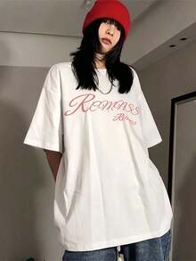 Spring/Summer Fashion: A Short-Sleeved, Crew-Neck T-Shirt, 100% Loose And Casual, With A Letter Print, Made From Slightly Stretchy, Heavyweight 180g Cotton Knit, Suitable For Women, Ideal For Spring And Summer Wear. Relaxed And Friendly Style, Vintage Y2K, Casual For Vacations, Cool Summer T-Shirt For The Weekend, Unisex Style. - 白色 - 查看 2
