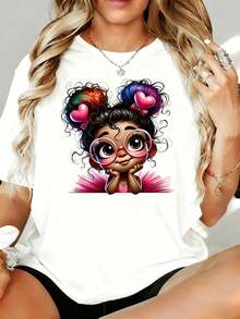 Camiseta Gráfica de Mujer con Diseño de Chica Linda con Moños de Pelo en Forma de Corazón y Gafas, Blusa Casual de Moda para Mujer, Blanca 180g, para Ocio en Casa, Aire Libre, Regalo para Fiesta de San Valentín - Blanco - Ver 1