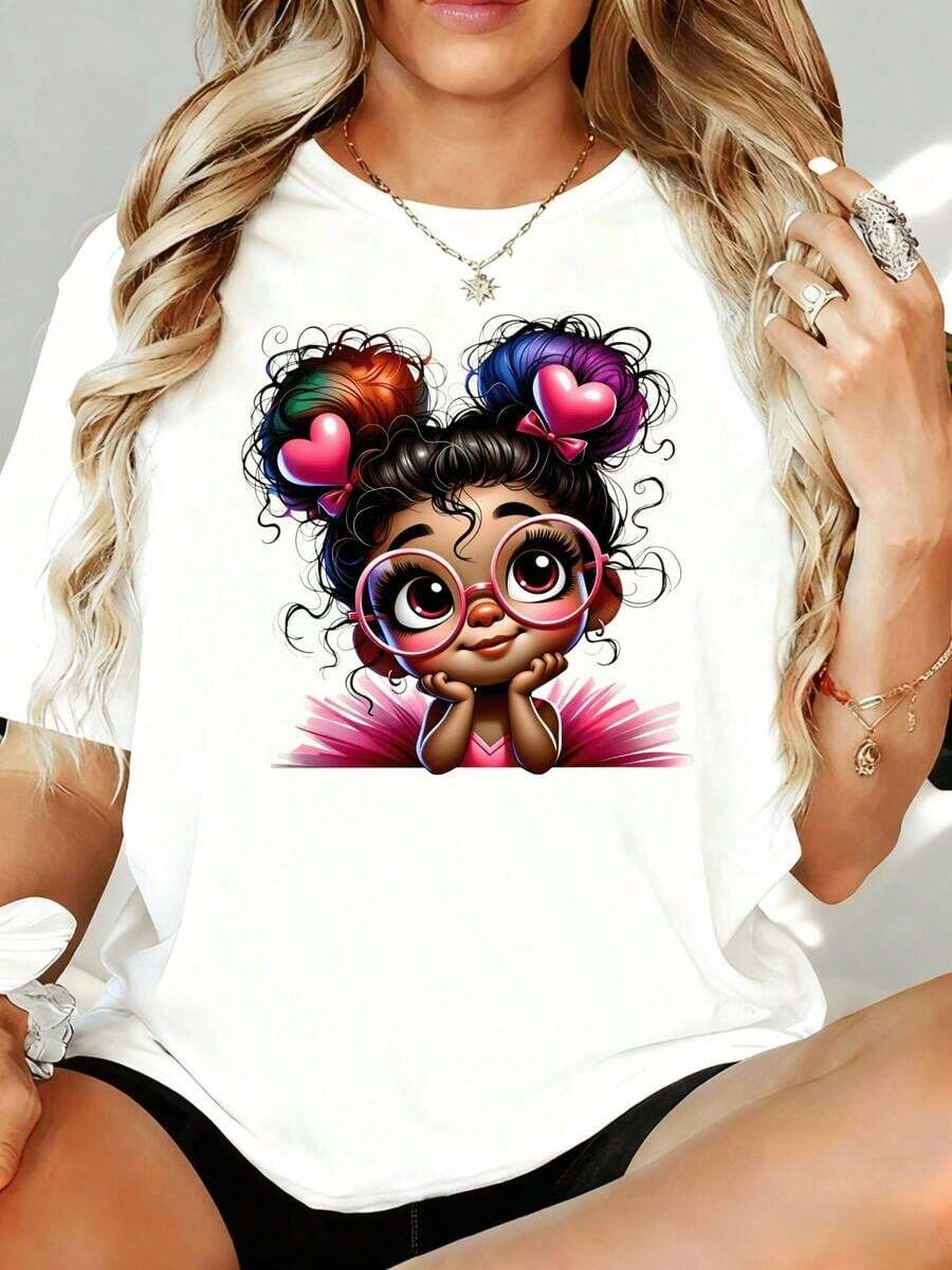 Camiseta Gráfica de Mujer con Diseño de Chica Linda con Moños de Pelo en Forma de Corazón y Gafas, Blusa Casual de Moda para Mujer, Blanca 180g, para Ocio en Casa, Aire Libre, Regalo para Fiesta de San Valentín - Blanco - Ver 1