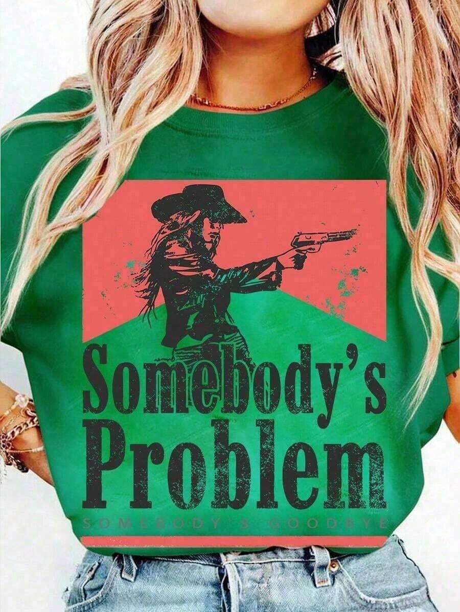 Camiseta de manga corta informal de verano para mujer con estampado vintage - Somebody's Problem, Somebody's Goodbye Cowgirl Rodeo Tops, ropa retro informal 100% algodón de manga corta - Camisetas para mujer y hombre. Nueva camiseta elegante. Camisetas informales de manga corta para hombre y mujer. - Verde - Ver 1